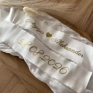 Personalizowana wstążka do bukietu ślubnego satyna jedwabna