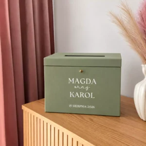 Pudełko na koperty ślubne, drewniane, personalizowane, szałwia