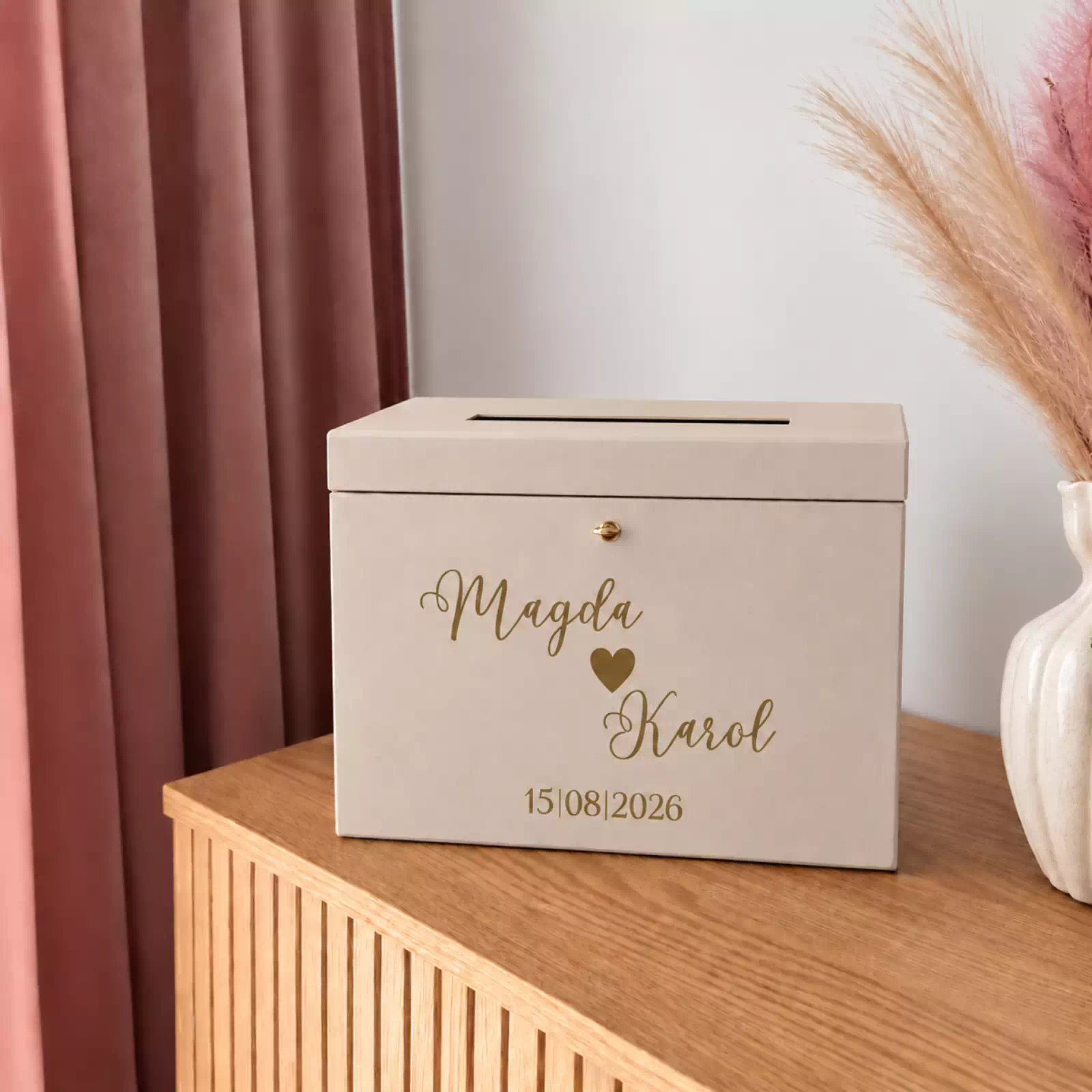 Pudełko na koperty ślubne, personalizowane, drewniane, beżowe Pudełko na koperty ślubne, personalizowane, drewniane, beżowe