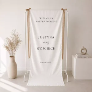 Tablica powitalna na tkaninie na wesele, baner ślubny